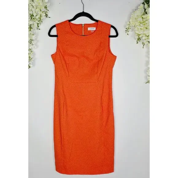 Calvin Klein Sheath Dress 10 Orange Polka Dot Sleeveless Preppy Modern Career - Picture 3 of 14